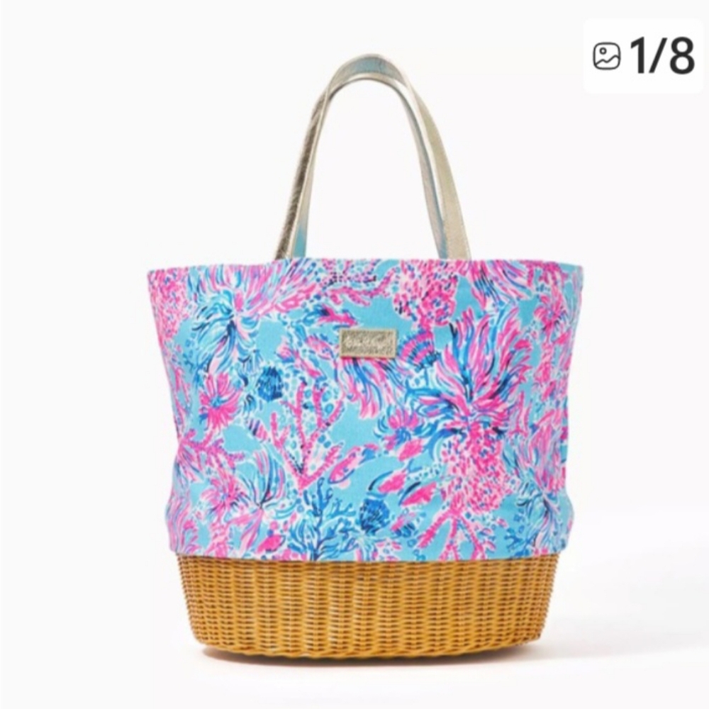 NWT LILY PULITZER Wicker/Canvas Tote Celestial Blue